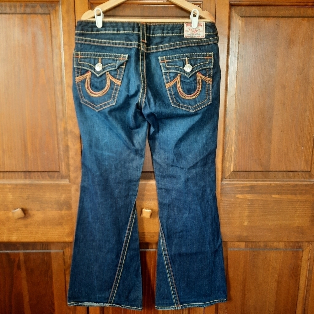 True Religion Joey Big T Twist Leg Flare Dark Wash Thick Stitch Flap Pockets 32 - Picture 9 of 14